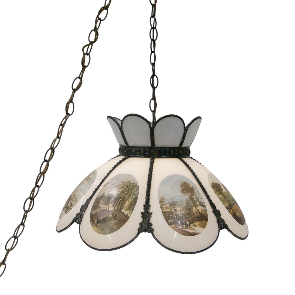 Vintage Currier & Ives Pendant Swag Chain Milk Glass Panel Ceiling Light Fixture